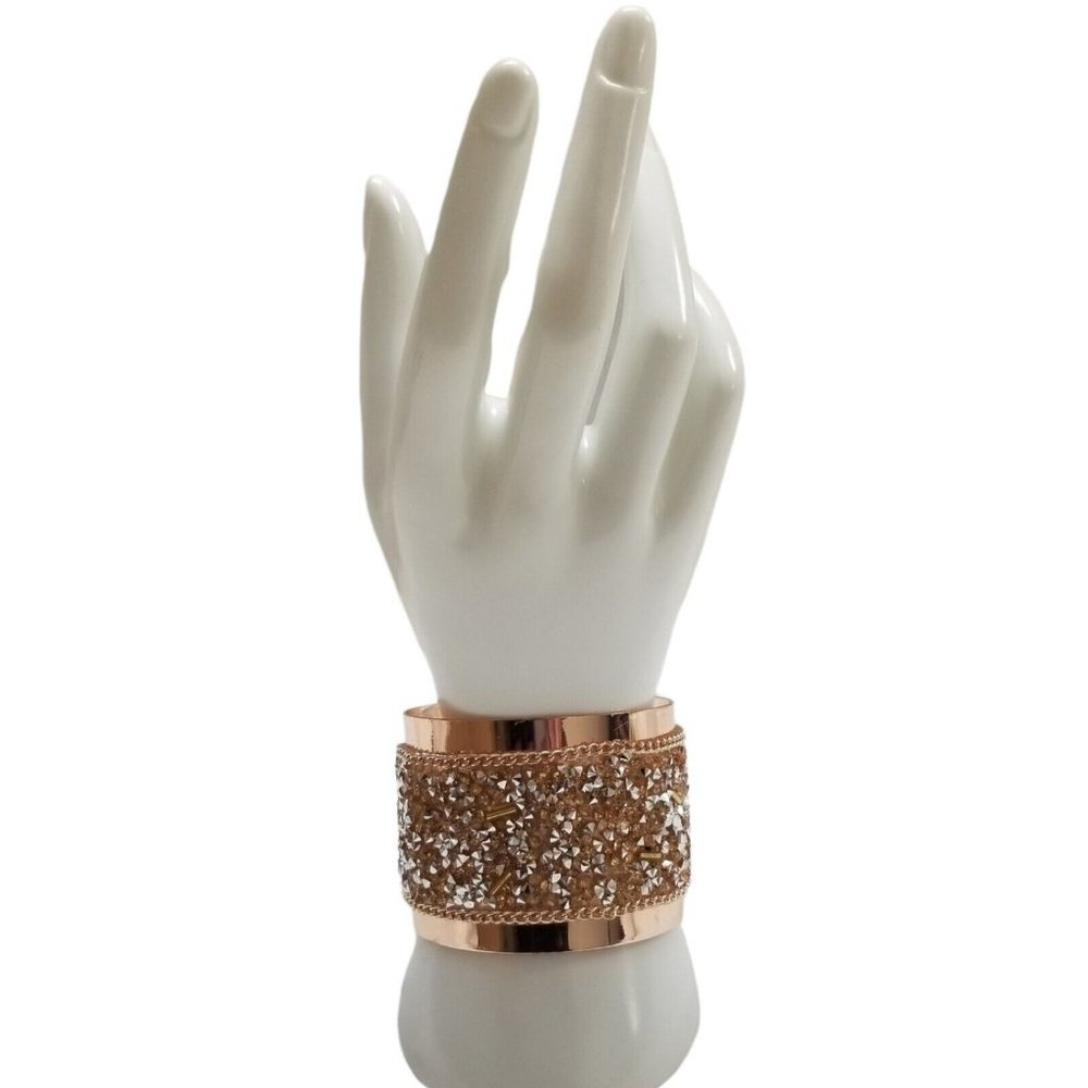 Copper Rose Gold Rhinestone Crush Glass Silver Studs Beaded Metal Cuff Bracelet - Picture 7 of 12